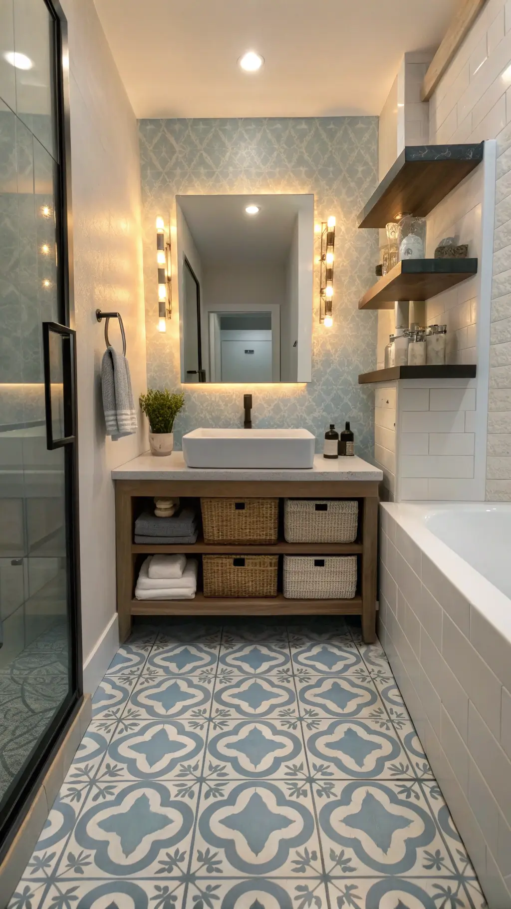 Contemporary 6x8ft bathroom during golden hour, featuring white vessel sink with brushed nickel faucet, blue and white geometric tile floor, mirror with integrated LED lighting, and black floating shelves with artisanal soap and towels.