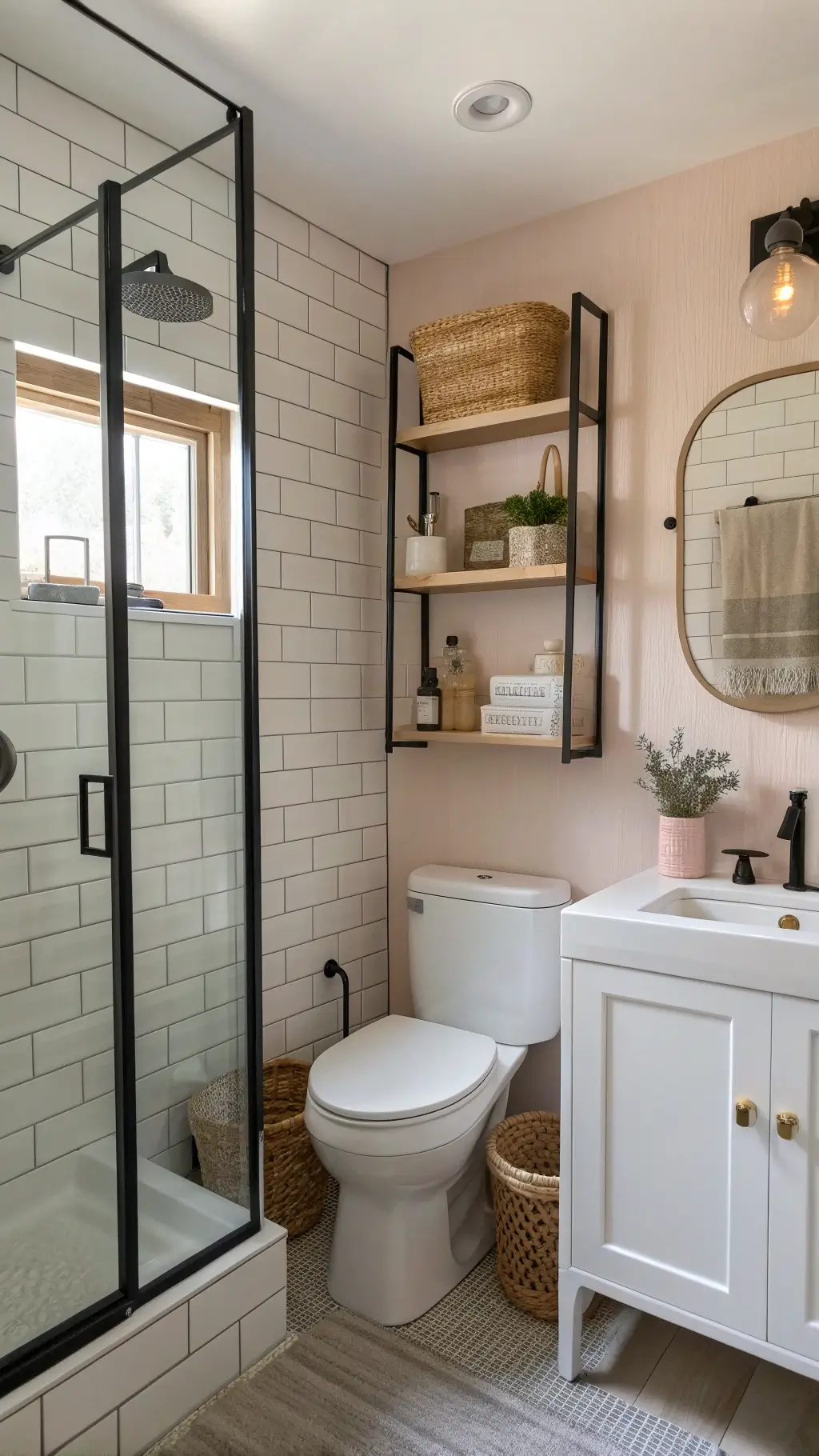 Cozy 5x6ft bathroom with blush subway tiles, glass shower with black frame, floating oak shelves with baskets, overhead white toilet, and brass-framed mirror under natural and soft fill light.