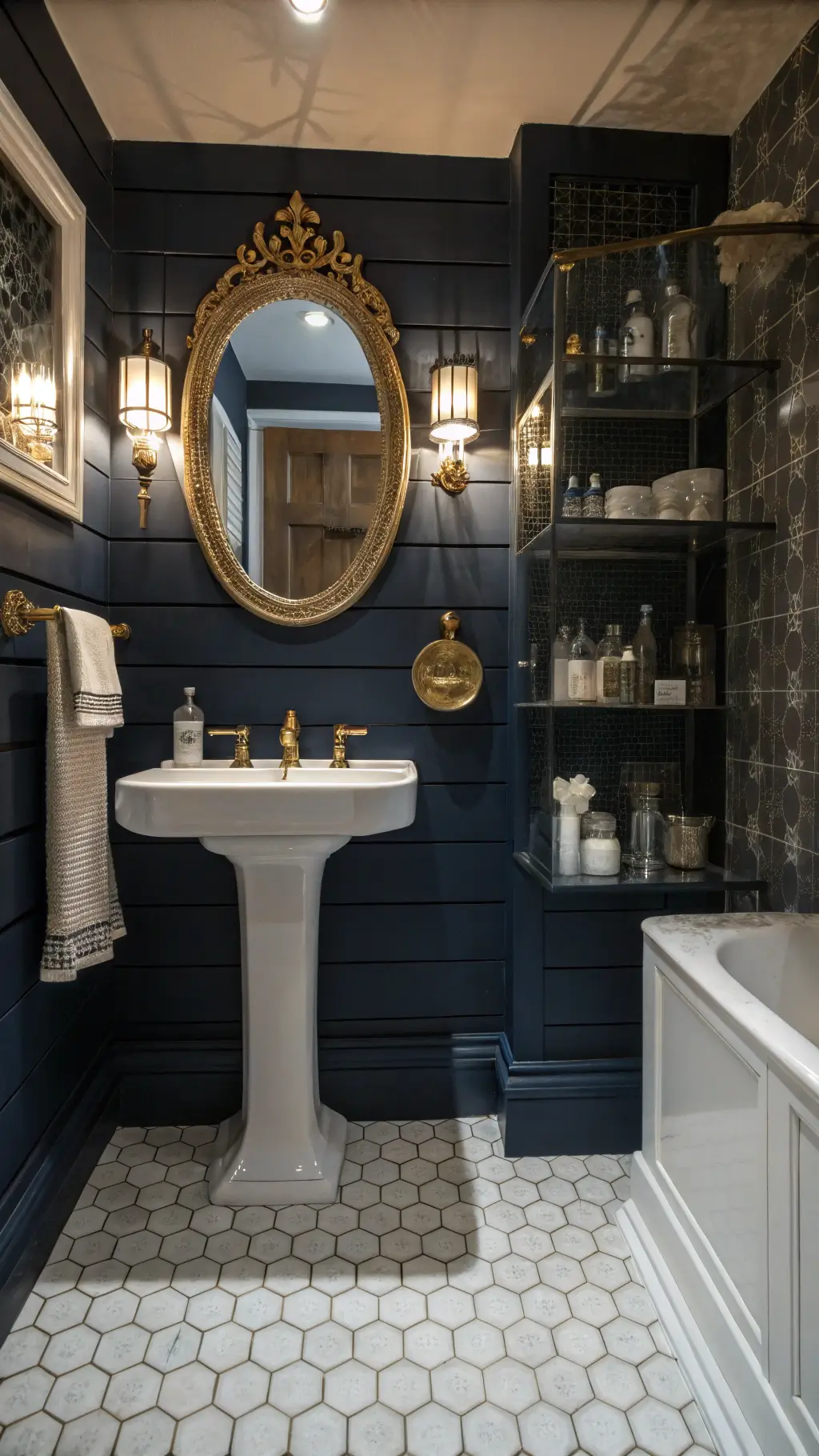 Vintage-inspired bathroom with navy shiplap walls, white hexagon floor tiles, gilded mirror, and dimmable sconce lighting showcasing a pedestal sink, glass shelves with decanters and luxury toiletries during blue hour