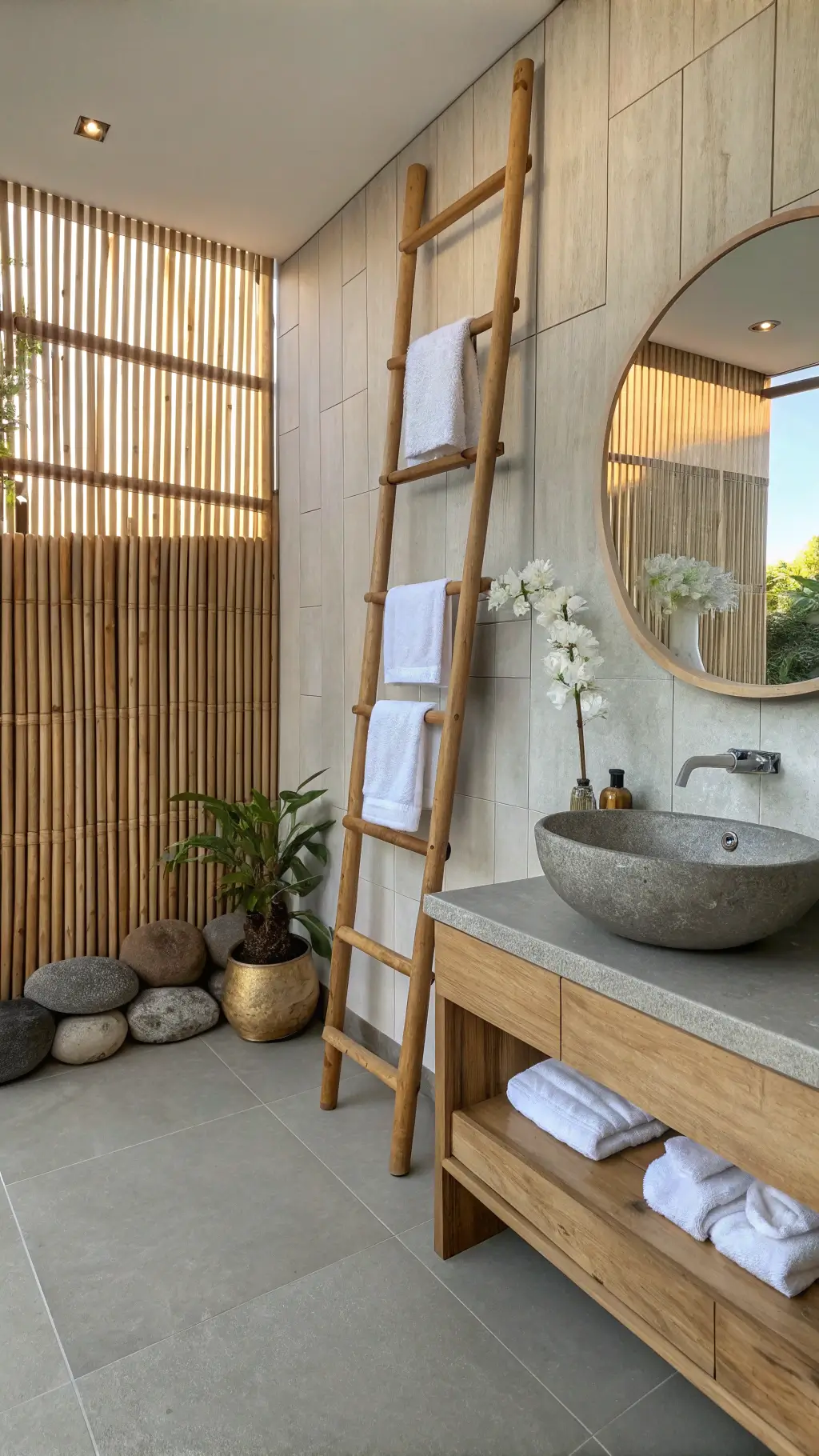 Zen-inspired bathroom at dawn with bamboo wall panels, teak ladder shelf with white towels and pottery, stone vessel sink with gold faucet, and minimal decor of an orchid and river rocks, accentuated by natural morning light and warm fill light.