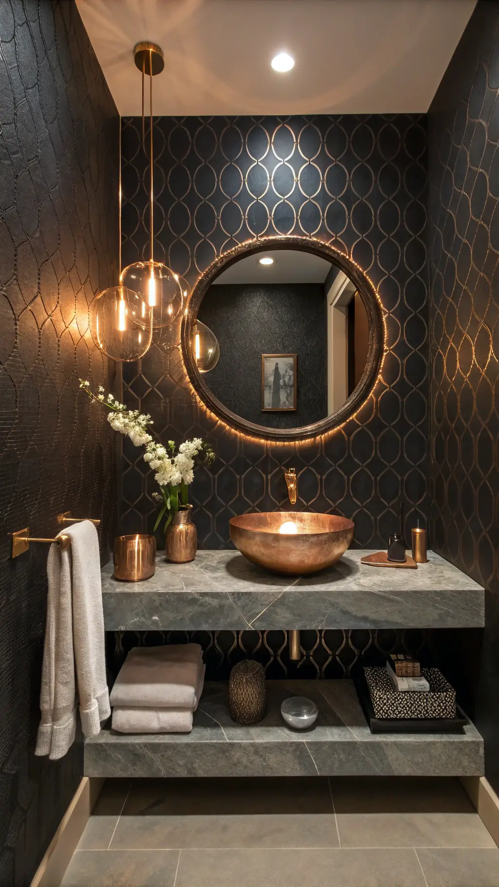 Dramatic dusk shot of a 6x6ft powder room with textured black metallic wallpaper, floating marble shelf with hammered copper sink, oversized round mirror with integrated lighting, and copper and crystal accessories under controlled accent lighting