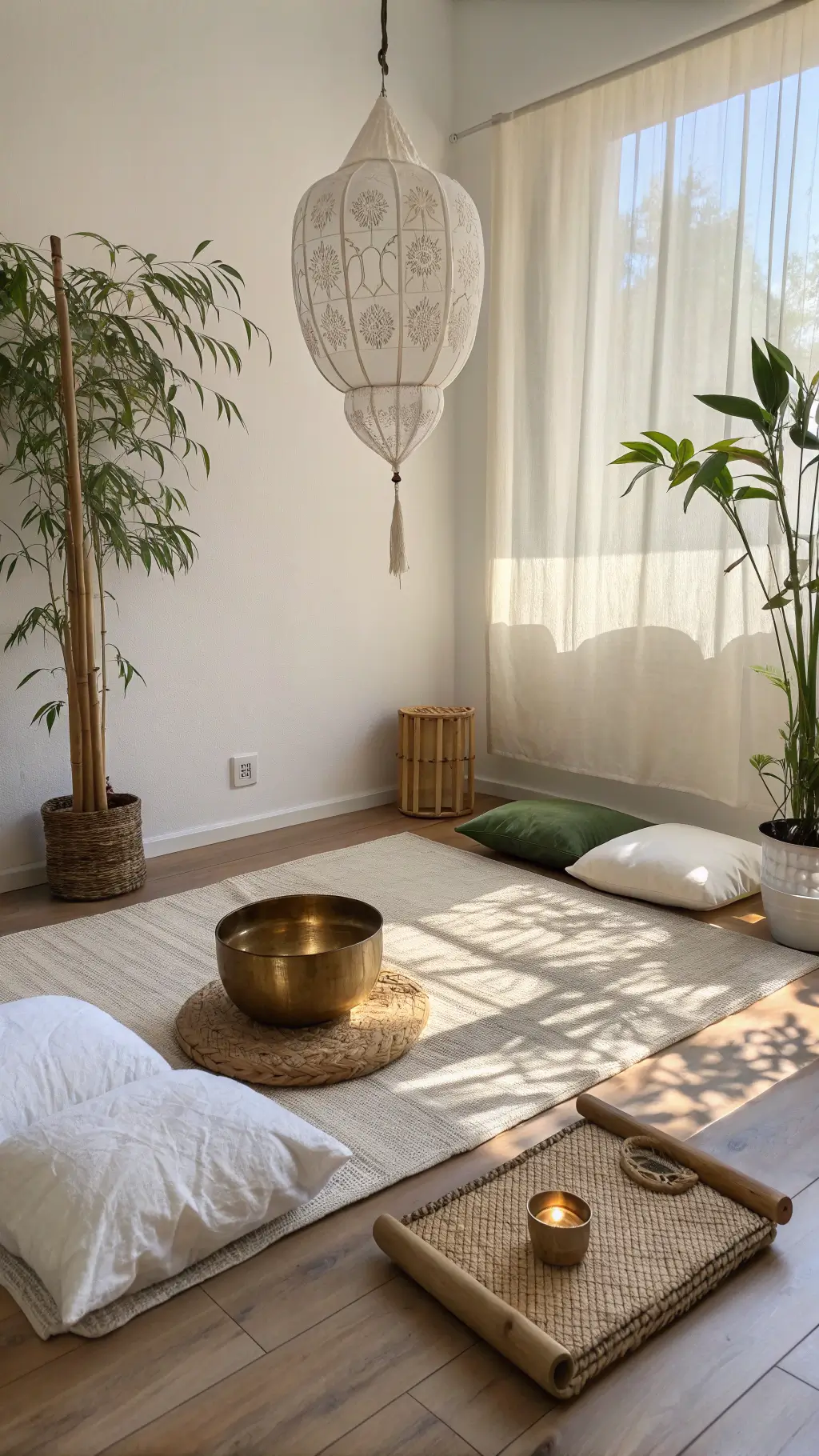 Serene meditation space at sunrise featuring a delicate wabi sabi pendant, wooden platform, grass floor mat, brass singing bowl, raw silk cushions, and a bamboo plant with a color palette of soft whites, beige, and green.