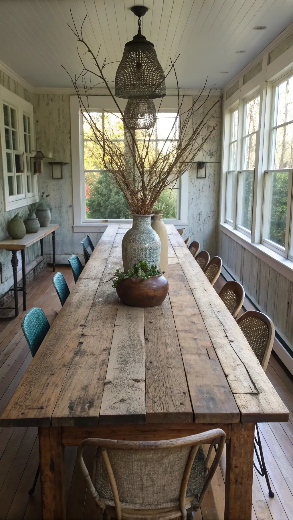 Bright morning light illuminating a spacious 14x16ft dining area with east-facing windows, showing a long reclaimed wooden table, mismatched vintage chairs, and a centerpiece of foraged branches in weathered pottery vessels against a textured grasscloth wall.