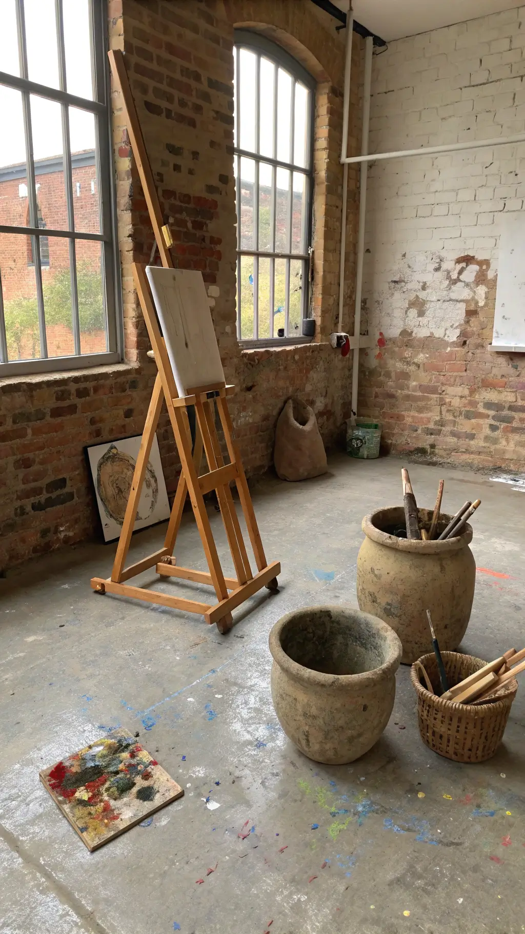High-angle shot of a modern 16x18ft artist studio with overcast natural light, exposed brick walls, paint-splattered concrete floors, an aged wooden easel, clay vessels with worn brushes and tools, and natural fiber baskets with materials, emphasizing the creative space flow.