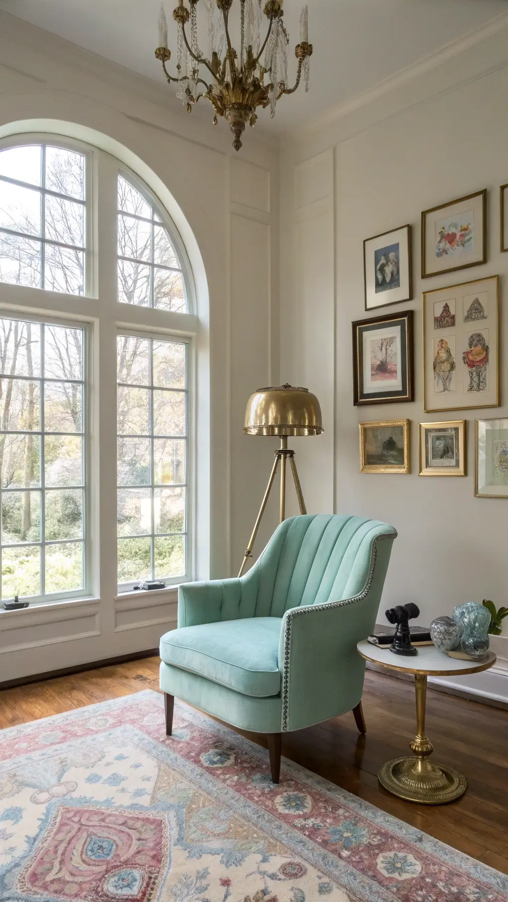 Sunlit living room with high ceilings, arched windows, mint-green velvet chair, brass lamp with crystals, gallery wall with fairy tale illustrations, Persian rug and a unicorn-legged glass table.