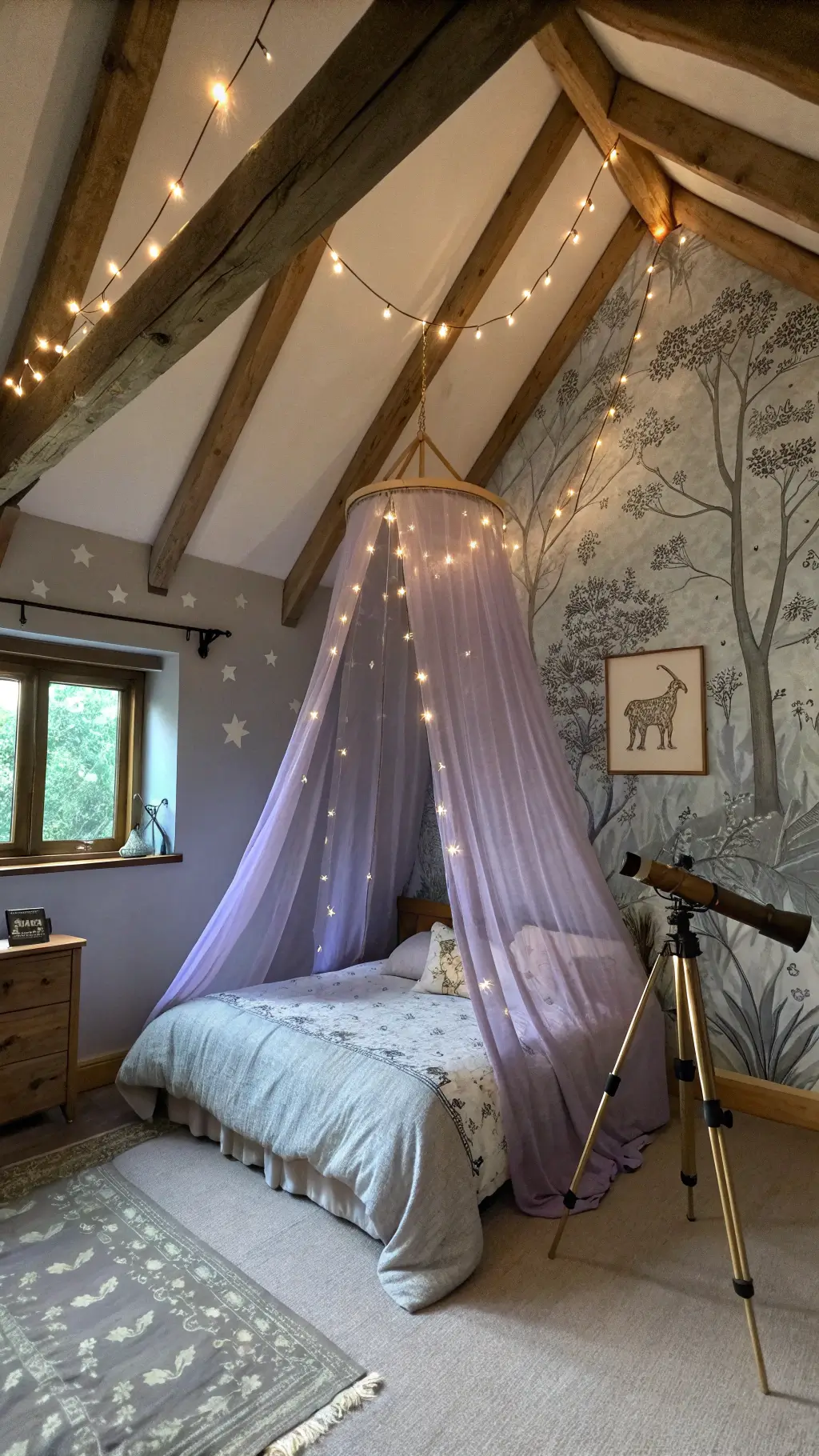 Intimate bedroom with pitched ceiling, wooden beams, lavender canopy bed with fairy lights, a painted mural, vintage telescope by a window, shot in evening blue hour lighting.