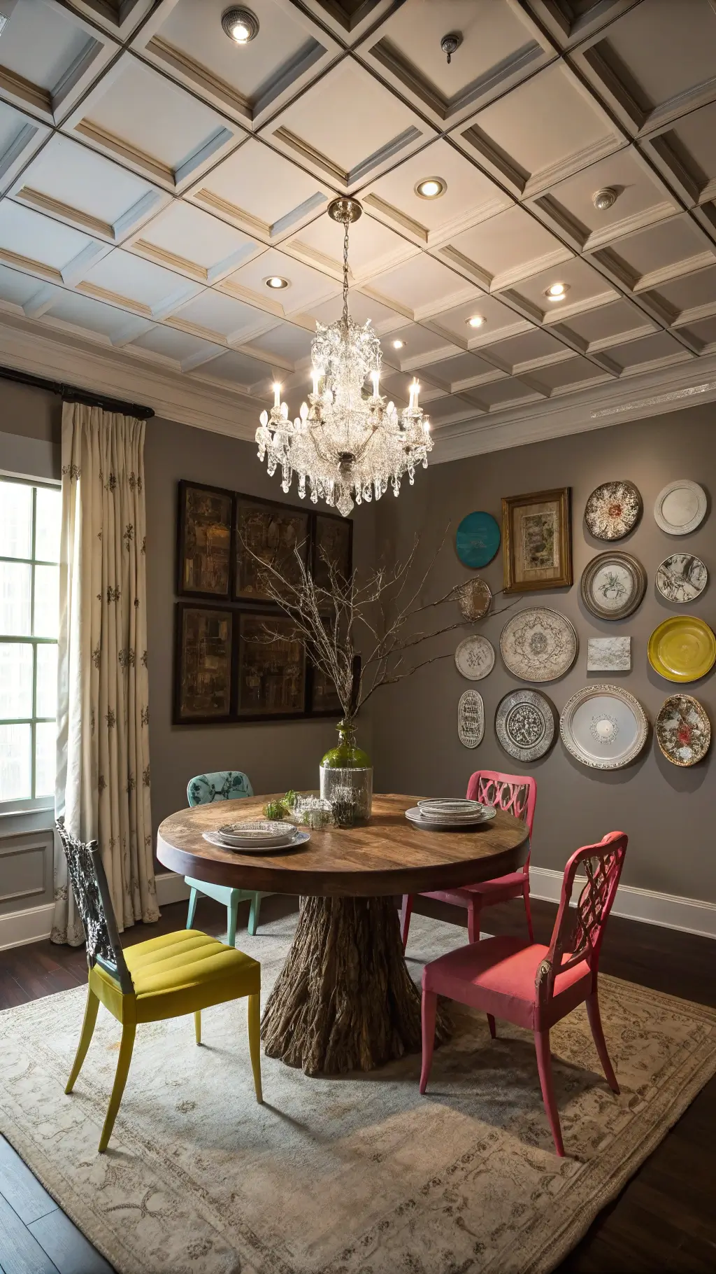 Dusk-lit, dramatic 15x15ft dining room featuring a round table with tree trunk base, mismatched vintage chairs in candy colors, crystal dandelion chandelier, and antique plates on the wall framed in contemporary neon colors.