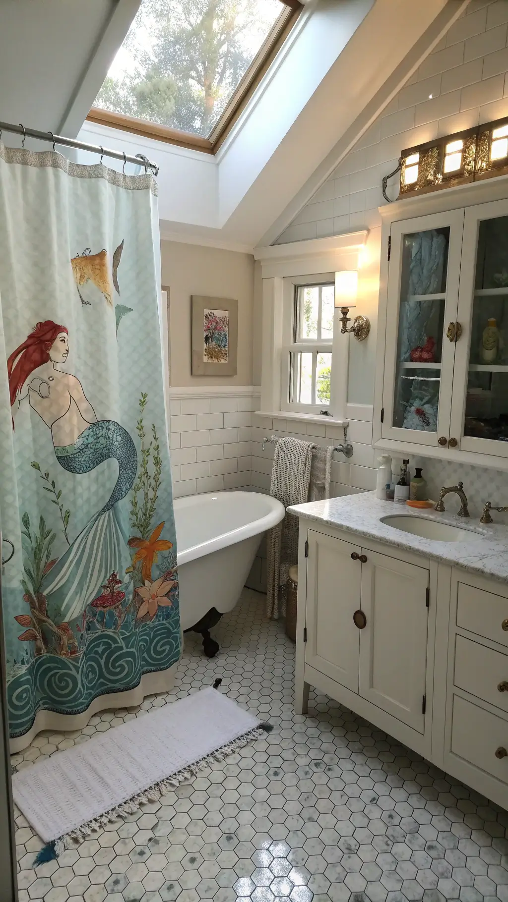 Luxurious master bathroom with clawfoot tub under a skylight, a custom mermaid-themed shower curtain, vintage apothecary cabinet with crystal knobs, and mosaic floor depicting koi fish.