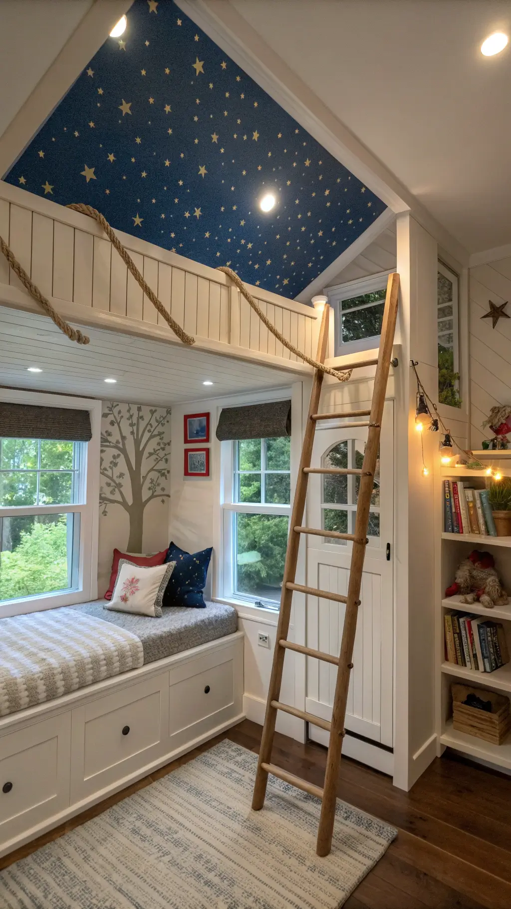 Child's magical 14x16ft bedroom featuring a treehouse-like built-in bed with hidden storage, secret reading alcove, window seat adorned with storybook character fabrics, and sky-themed ceiling with glow-in-the-dark stars, captured in transition from daylight to evening.