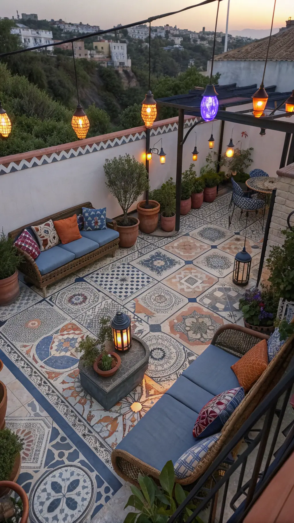 Bird's eye view of a Mediterranean-inspired patio at dusk, featuring handpainted Portuguese tiles, terracotta planters with lavender, and eclectic mix of rattan and metal furniture with indigo and saffron cushions, under the glow of color-changing LED lanterns.