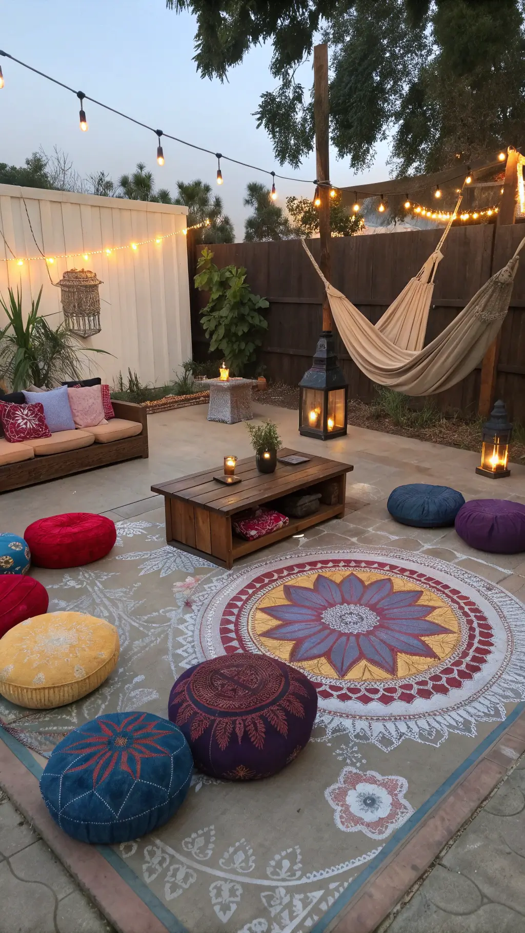 Bohemian patio sanctuary at early evening with floor cushions in jewel tones, a carved wooden table, swinging macramé hammocks, painted mandala designs on the floor, and vintage mirrors reflecting light from paper lanterns.