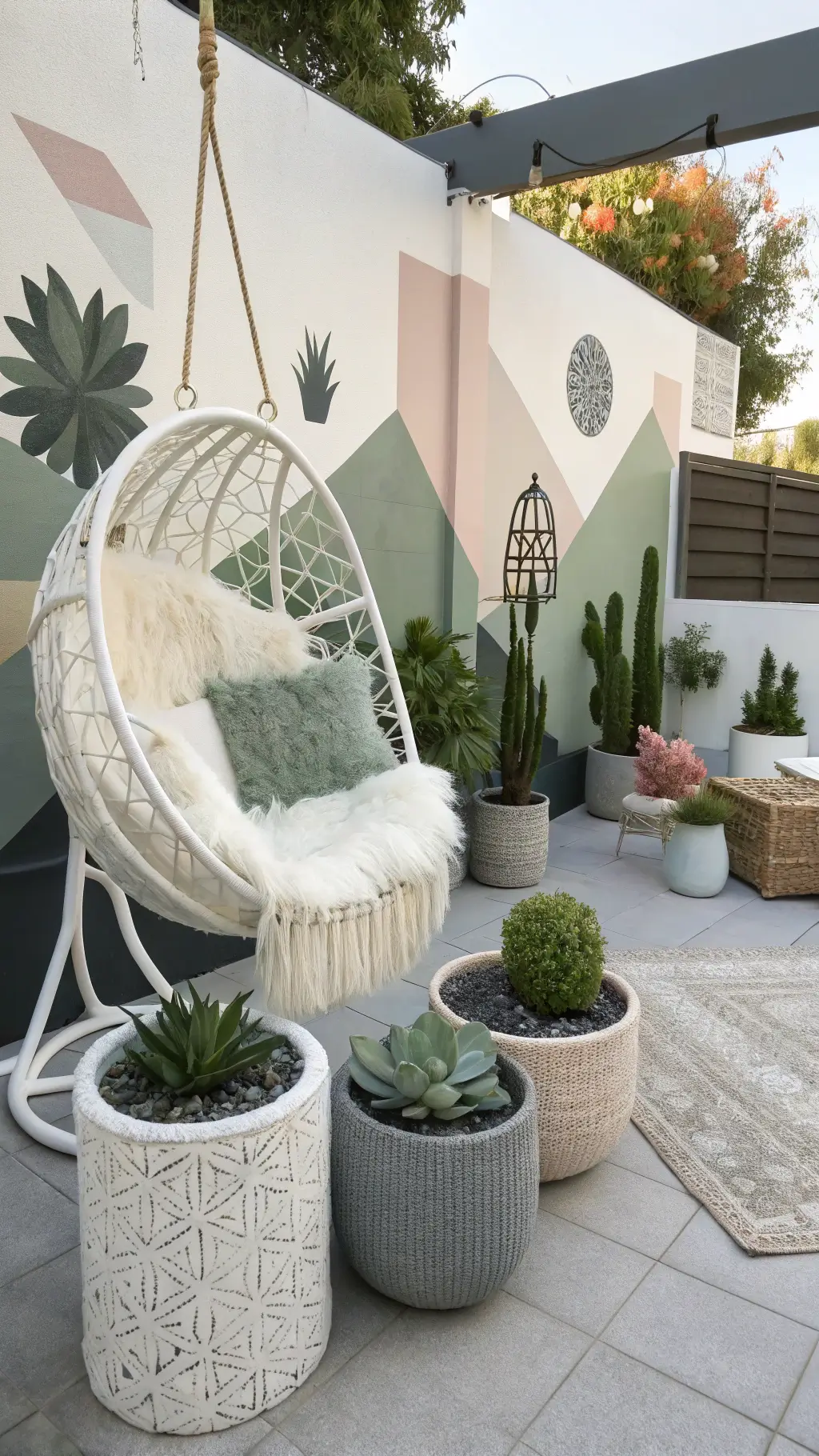 Sun-drenched modern patio with suspended sheepskin egg chair, geometric planters with sculptural succulents, and painted mural wall in white, charcoal, sage green, and blush pink colors.