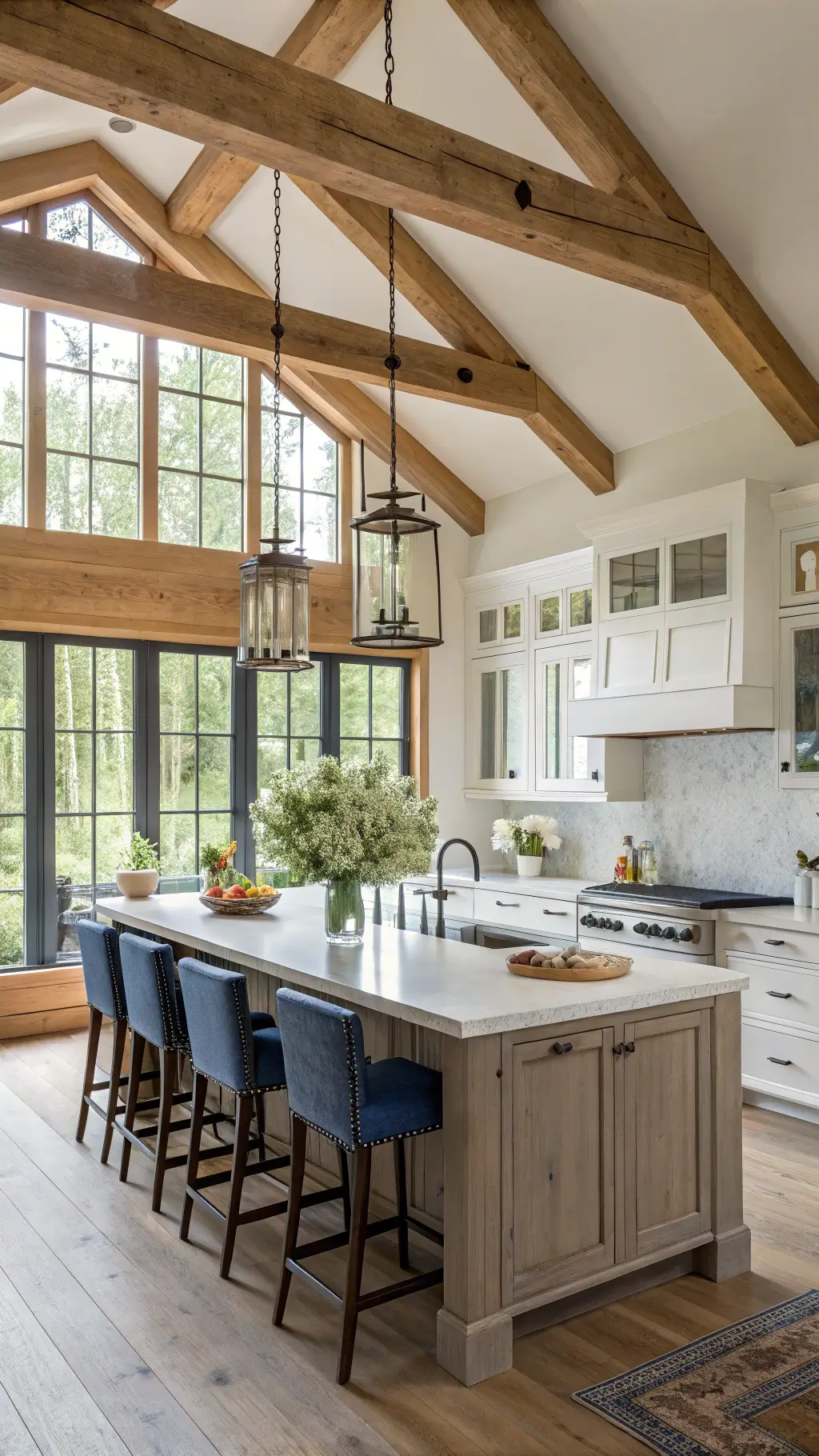 Sunlit farmhouse kitchen with high ceilings, wooden beams, a large oak island with bronze accents, navy bar stools, and decorated with fresh flowers, rustic utensils, and pottery.