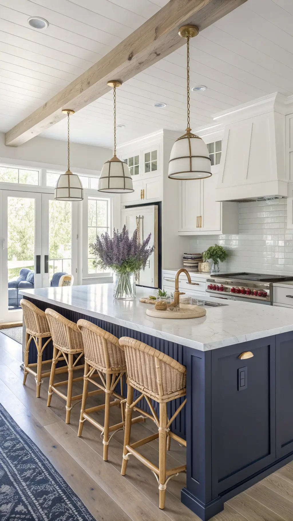 Bright midday in a spacious modern farmhouse kitchen with a large navy L-shaped island, white quartzite countertops, rattan barstools, white pottery arrangements, fresh lavender, vintage cookbooks, and sunlight streaming through French doors.