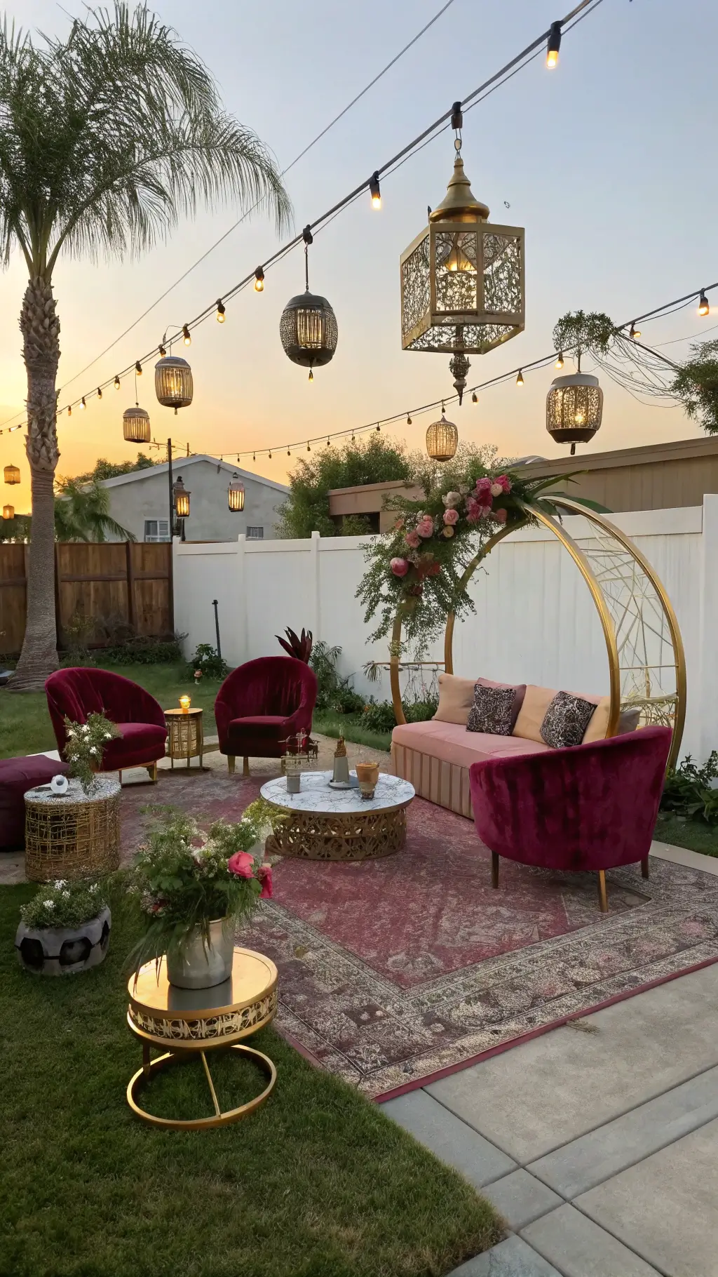 Eclectic backyard transformation at sunset featuring a mix of modern and vintage furnishings, a gold hoop arch with monstera leaves and orchids, ghost chairs and velvet settees, Moroccan lanterns casting intricate shadows, and rich jewel-toned textiles.