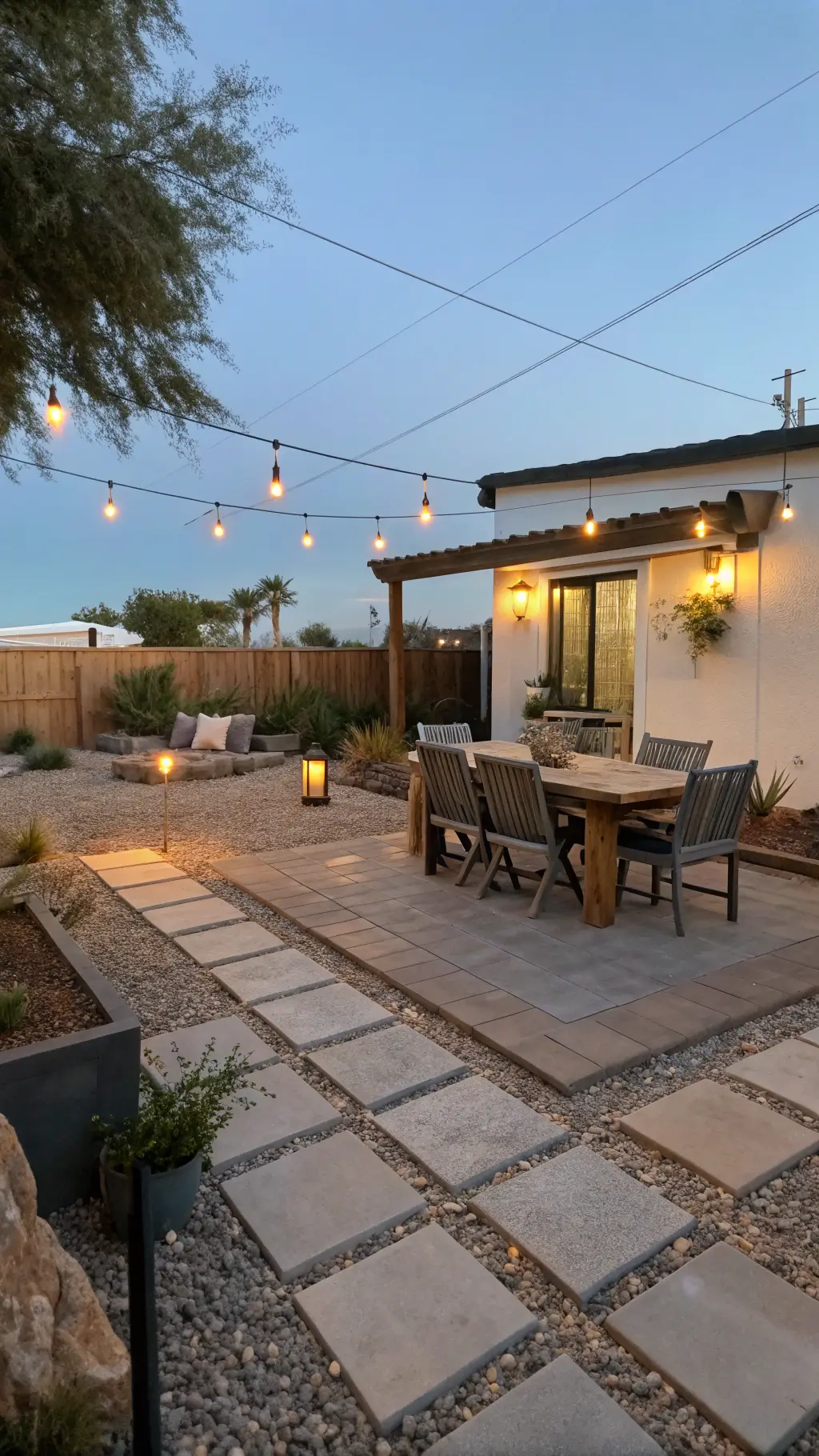 Twilight shot of budget-friendly, mixed-material patio with dining area on concrete pavers and lounge on gravel, featuring a restored wooden dining set, DIY cinder block benches, recycled container plants, and hanging pendant lights against an evening sky.