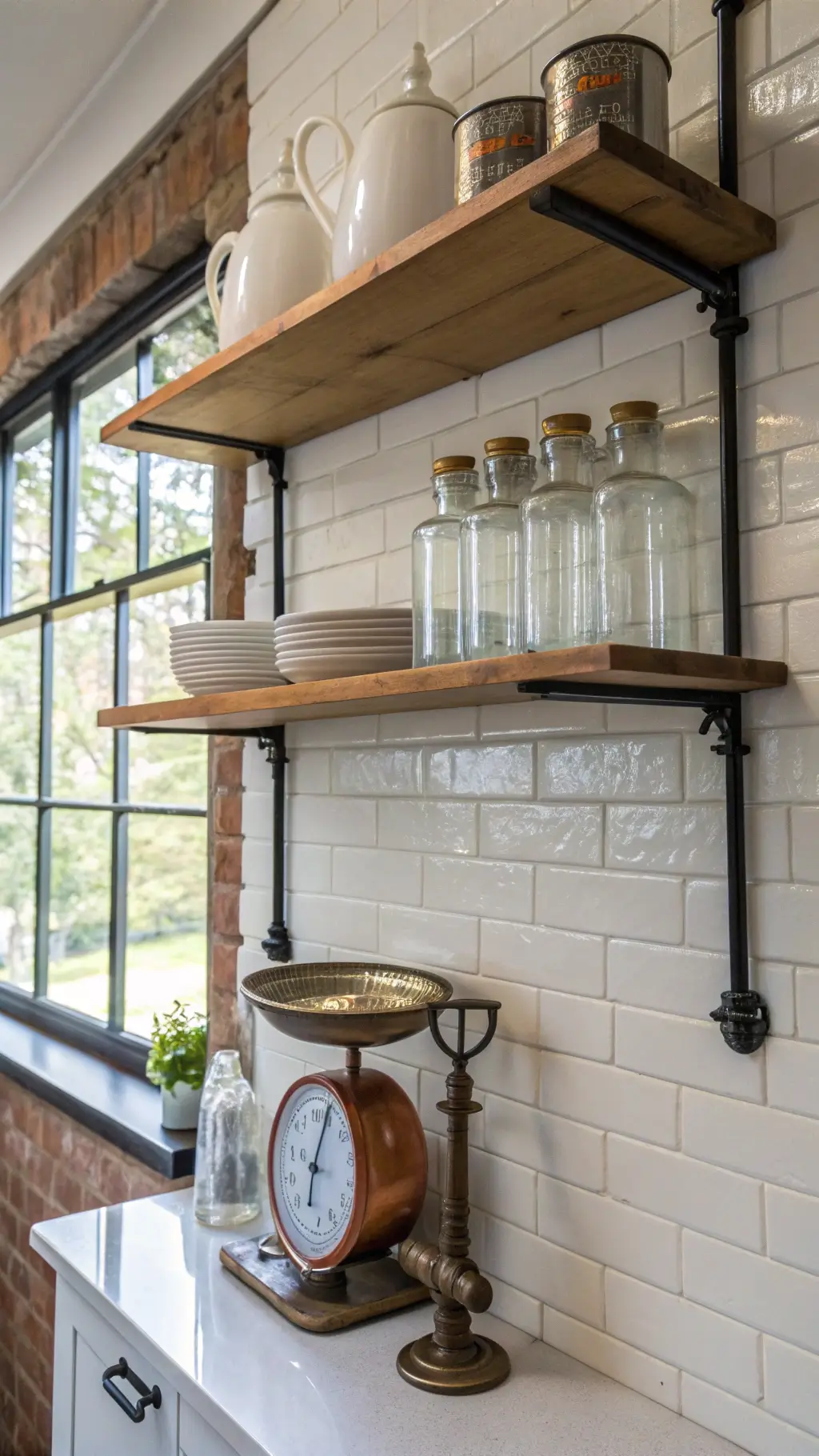 Close-up view of a kitchen open shelving vignette on a white brick wall featuring a collection of white ironstone, copper vessels and glass canisters, with a vintage scale as the anchor piece, all bathed in bright morning light with subtle window reflections.