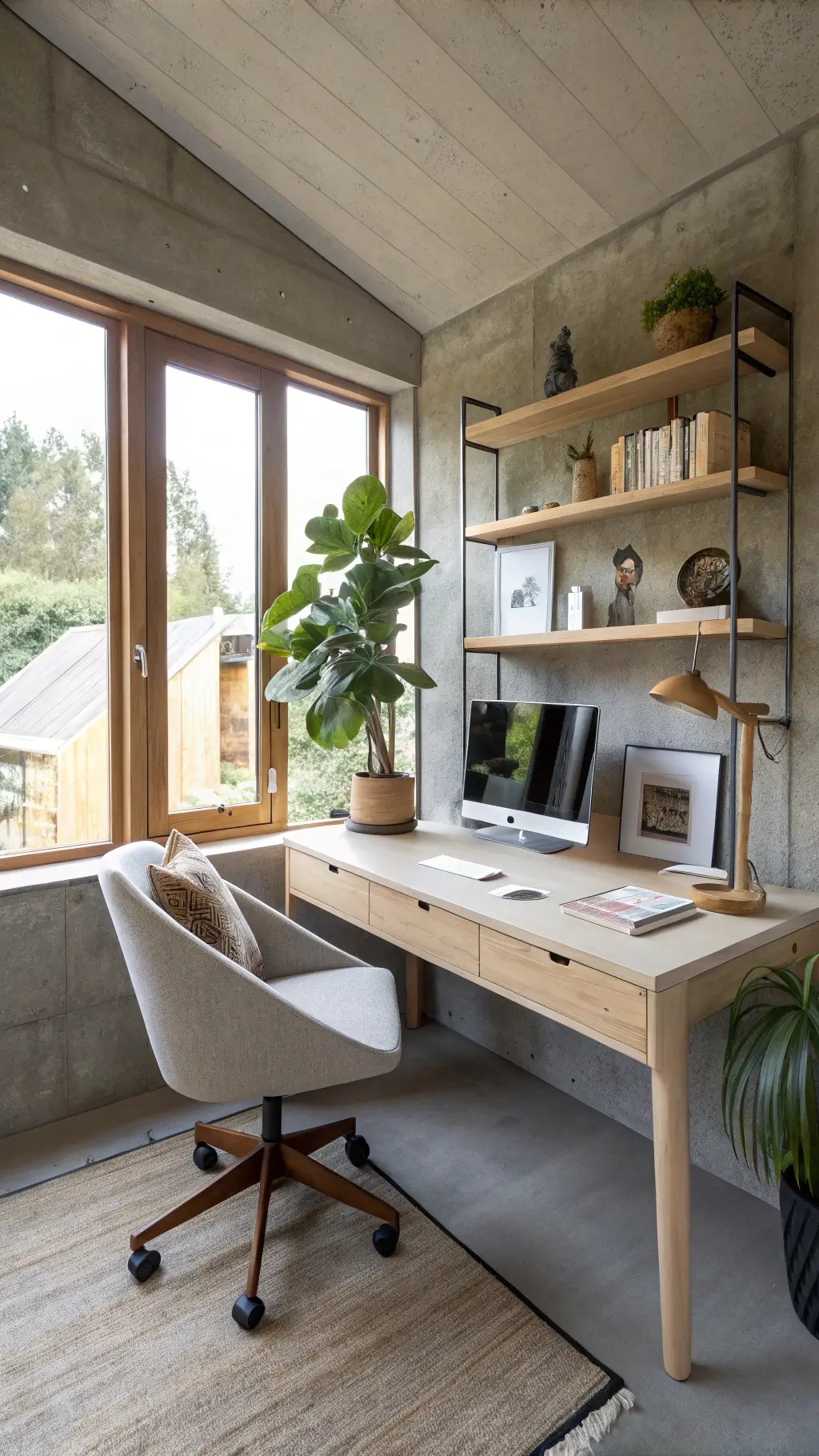 Brightly lit 10x12ft home office with corner windows, showcasing a white oak desk against a textured concrete wall, ergonomic chair, built-in shelving with curated items, and a potted fiddle leaf fig.