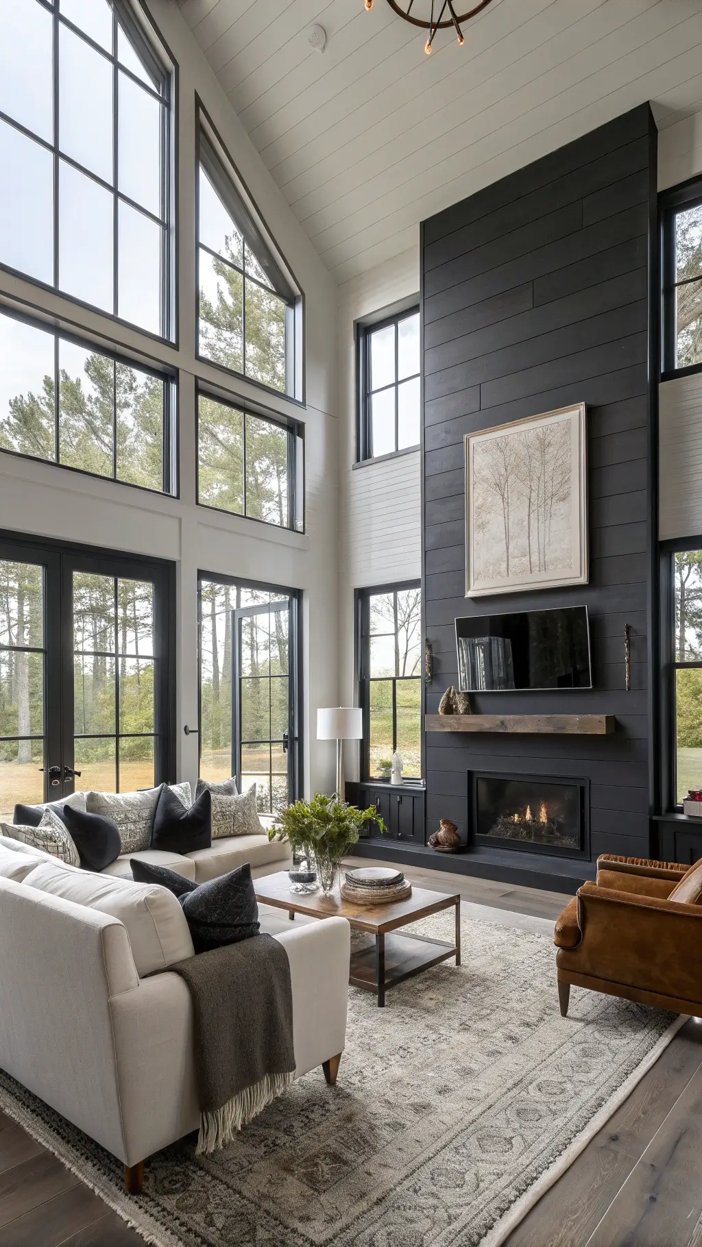 Bright and spacious modern farmhouse living room with steel windows, charcoal shiplap wall, natural linen upholstered furniture, vintage leather chairs, and modern art decor.