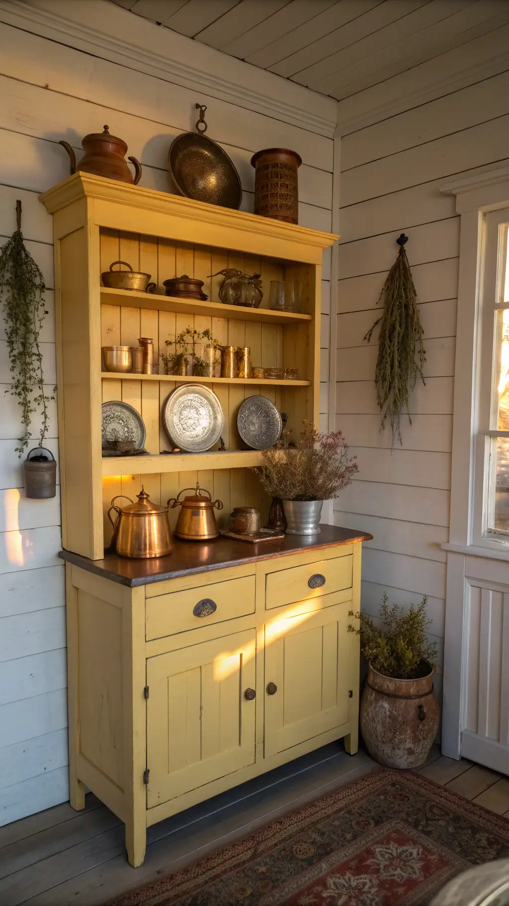 Vintage kitchen corner with grandmother's hutch, silver and china collection, copper pots and dried herbs, illuminated by warm afternoon light.
