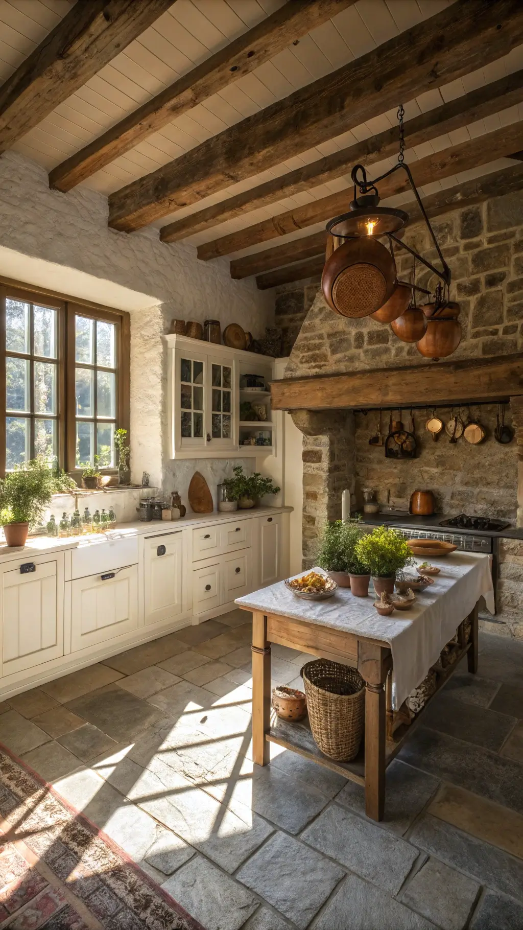 Rustic kitchen with vaulted wooden ceiling, stone hearth, white cabinetry, antique table with wildflowers and hanging copper pots in late afternoon sunlight
