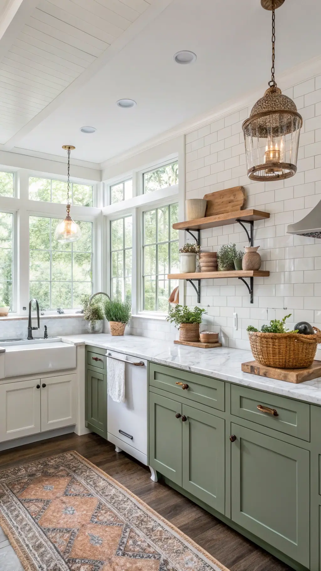 Bright and spacious kitchen with sage green cabinets, butcher block countertops, hammered copper farmhouse sink, open shelving displaying ironstone and canisters, and marble-topped island under woven pendant lights, lit up by natural light from floor-to-ceiling windows.