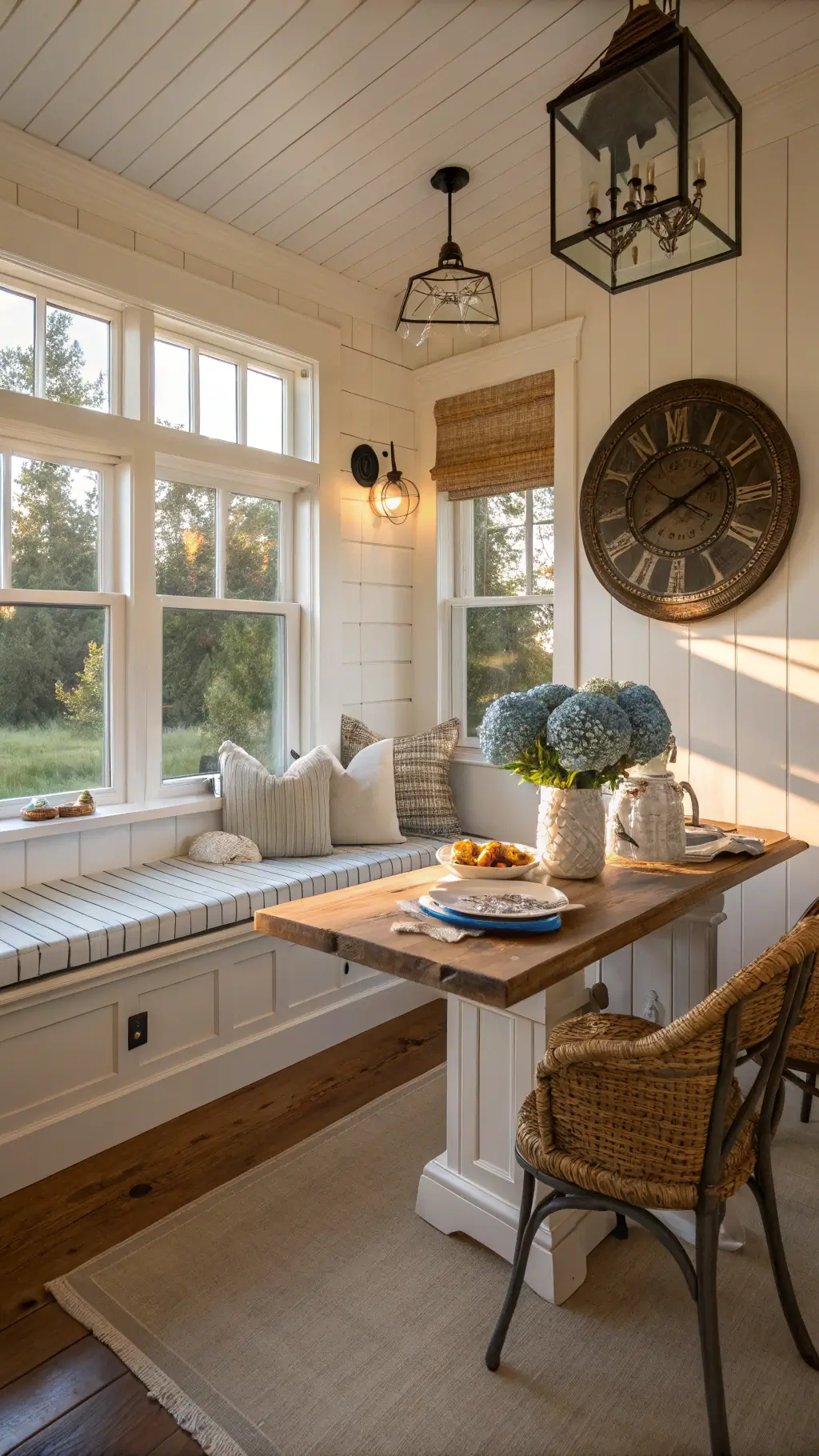 Farmhouse kitchen with cozy breakfast nook, cream linen seating, reclaimed wood table with blue striped runner, enamelware pitcher with hydrangeas, white beadboard ceiling and walls, black iron sconces, oversized clock, woven baskets, and copper molds under golden hour lighting.