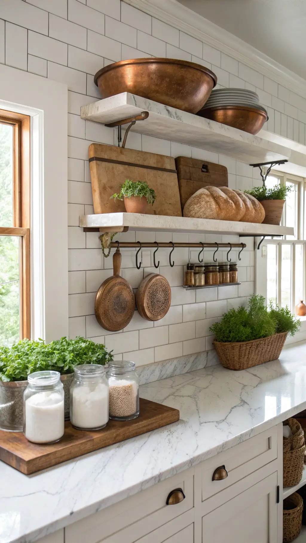 Farmhouse kitchen with marble-topped baking station, open shelving displaying vintage bread boards and mixing bowls, pull-out bins with glass containers for flour and sugar, copper measuring cups, and fresh herbs growing on the windowsill.