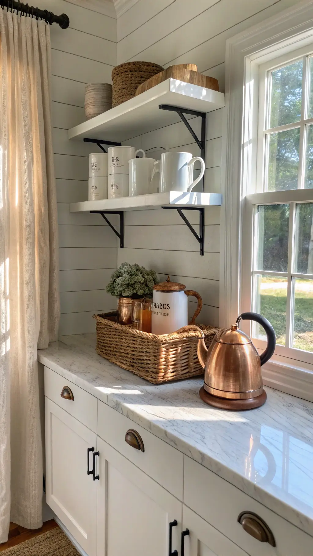 Sunlit cozy kitchen corner with white oak shelves showcasing vintage canisters and mugs, copper kettle on marble countertop, and coffee essentials in a woven basket against shiplap walls.