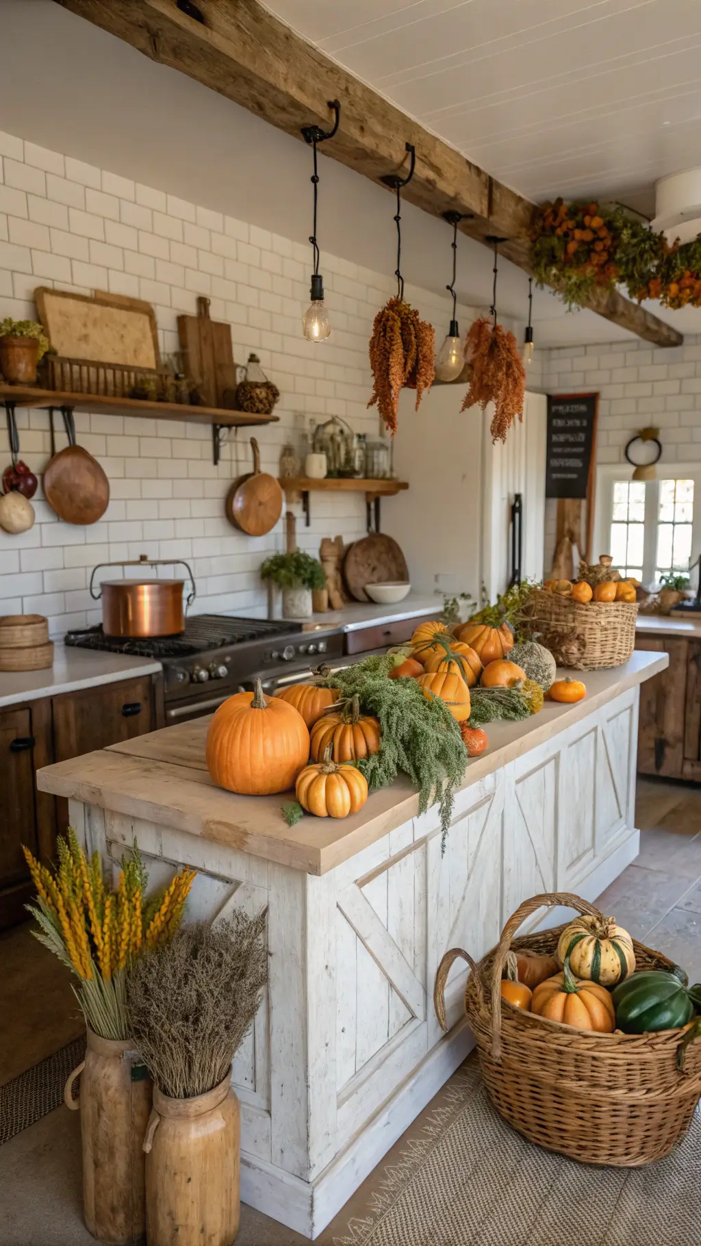Farmhouse kitchen with autumn decorations, copper cookware, and produce-filled woven baskets