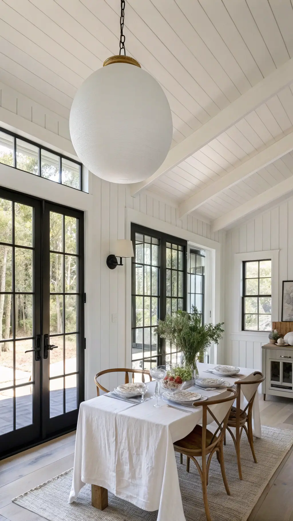 Bright and spacious dining room with high shiplap walls, steel-framed windows, and a large milk glass pendant light. The room features a table set with white dishware and linen, French doors, and a built-in buffet with brass hardware.