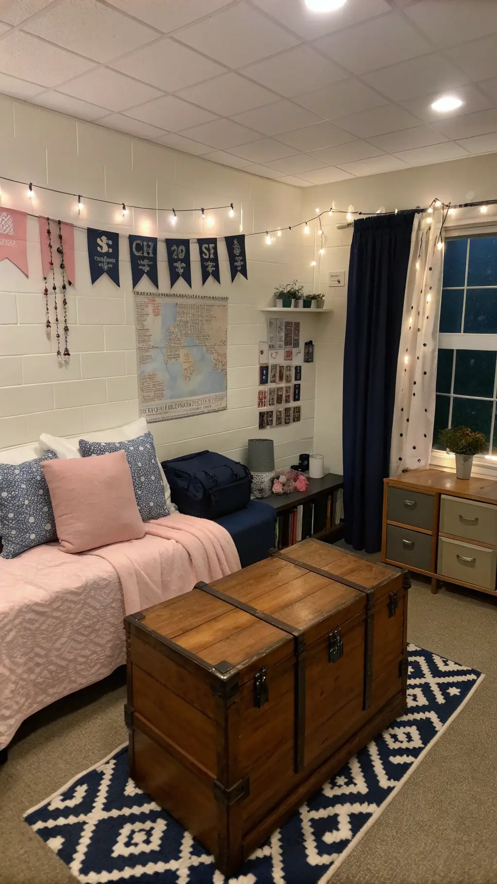 Stylish budget-friendly dorm room at dusk with command hooks for wall storage, mixed new and vintage furniture, restored wooden trunk coffee table, navy and blush decor, and string lights for ambient light.