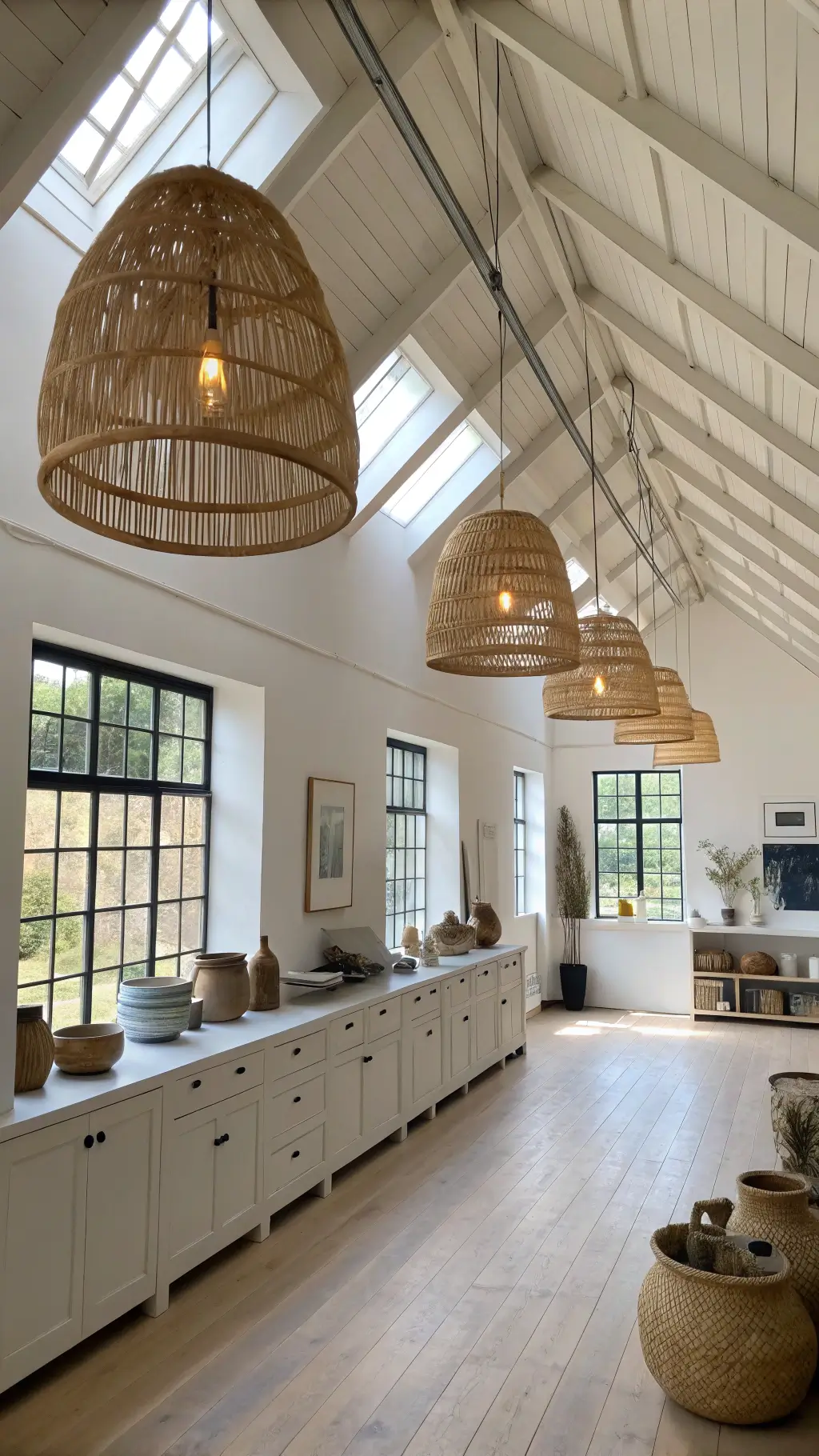 Bright and spacious artist's studio with high ceilings, bamboo pendants, north-facing windows, white walls, pale oak flooring, and matte charcoal built-in storage, accented with ceramic vessels and natural objects.