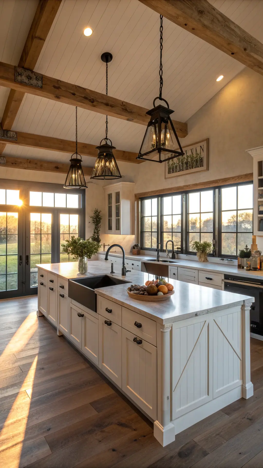 Sunlit kitchen in a farmhouse with wooden beams, black pendant lights, white oak island, vintage copper pots, and matte black hardware on cabinets with warm lighting creating depth and cozy atmosphere.