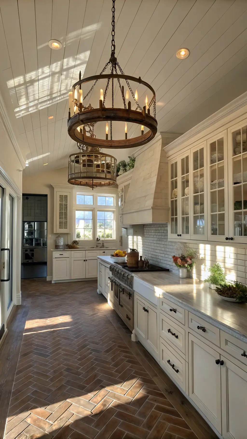 Farmhouse kitchen bathed in dawn light featuring a large chandelier, your illuminated glass-front cabinets, and shadow patterns on herringbone brick floors.