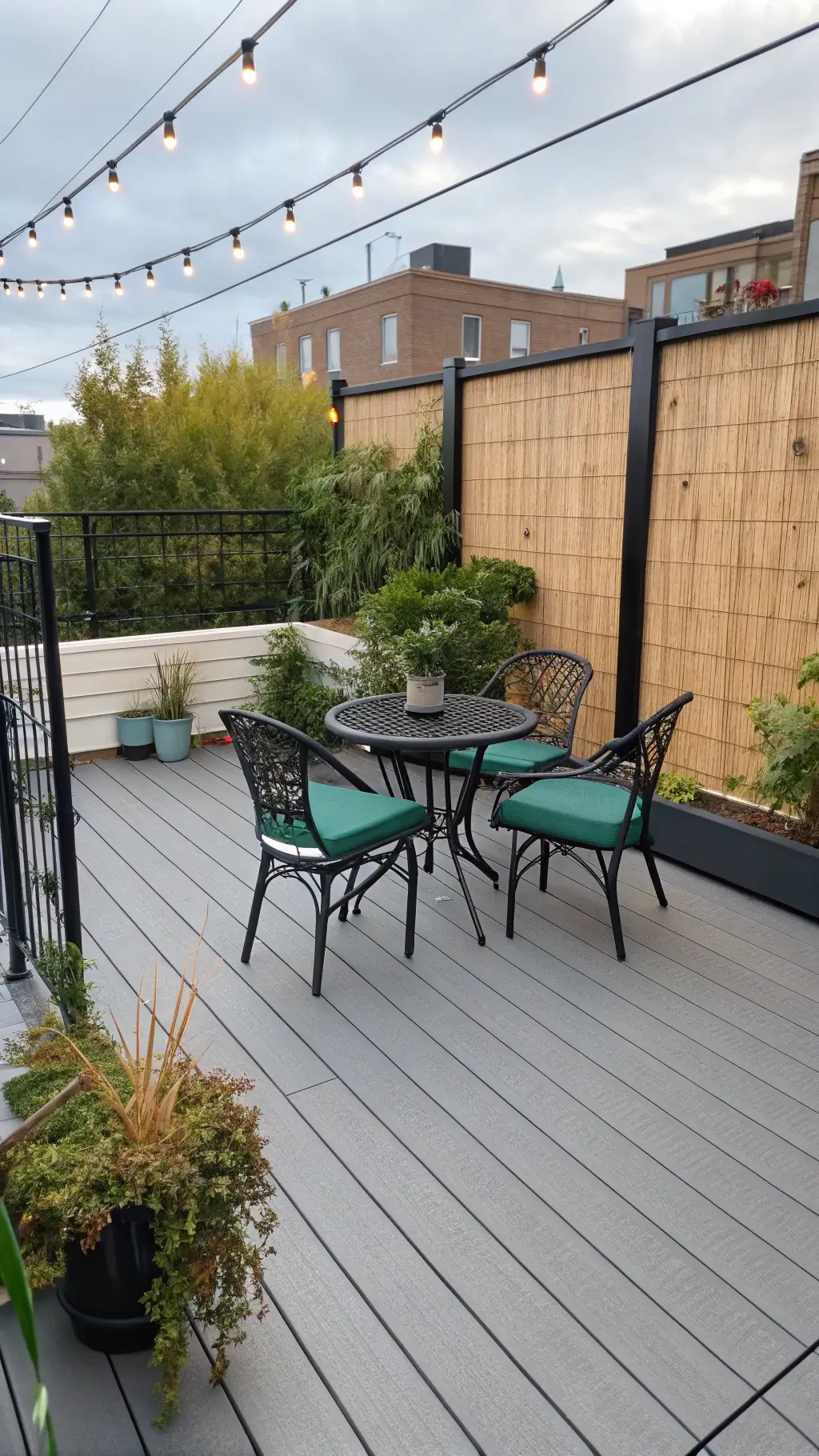Portable gray deck with black railing system and wire cables, featuring a matte black bistro set with emerald green cushions, potted succulents, and a bamboo privacy screen with LED lighting, captured in soft morning light.