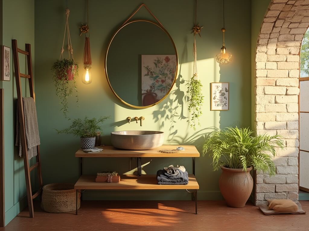 "Boho chic bathroom with sage green walls, terracotta floor tiles, and natural accents in golden hour light"