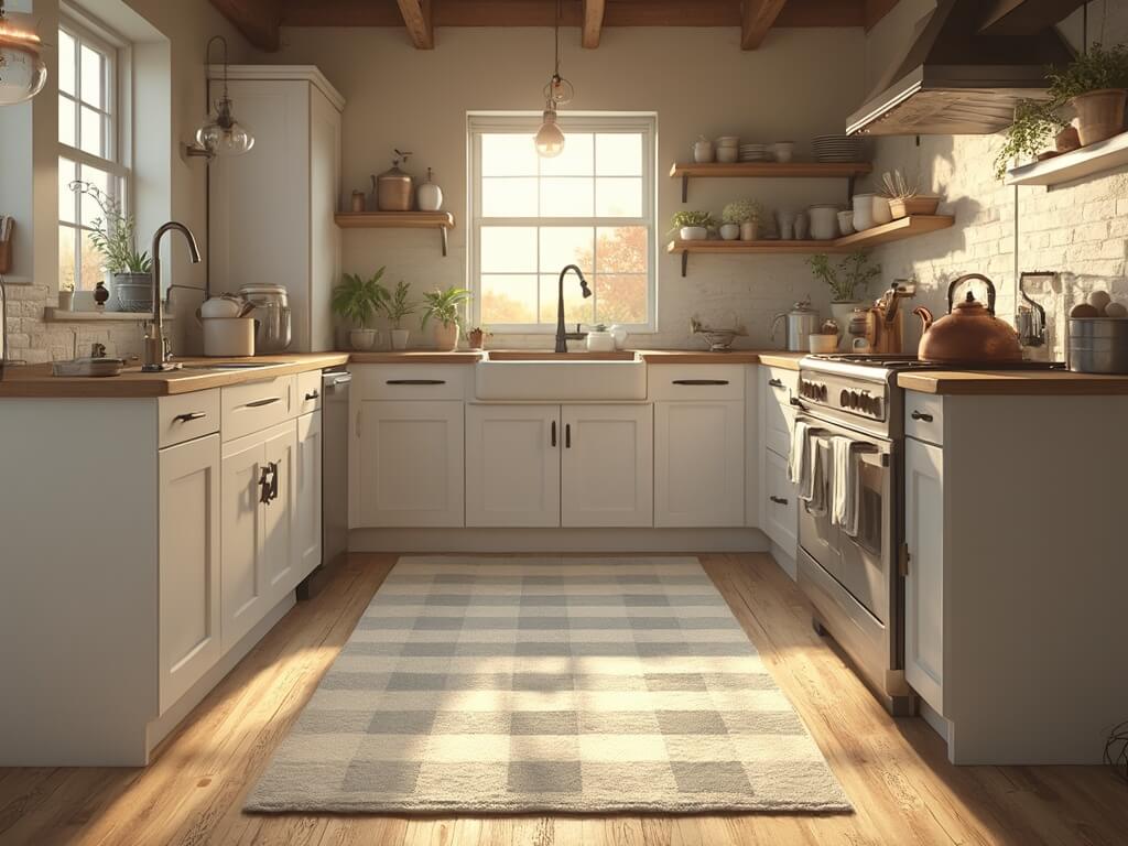 "Sunlit farmhouse kitchen with oak flooring, white cabinets, and butcher block countertops, featuring a buffalo check kitchen mat and vintage copper kettle."