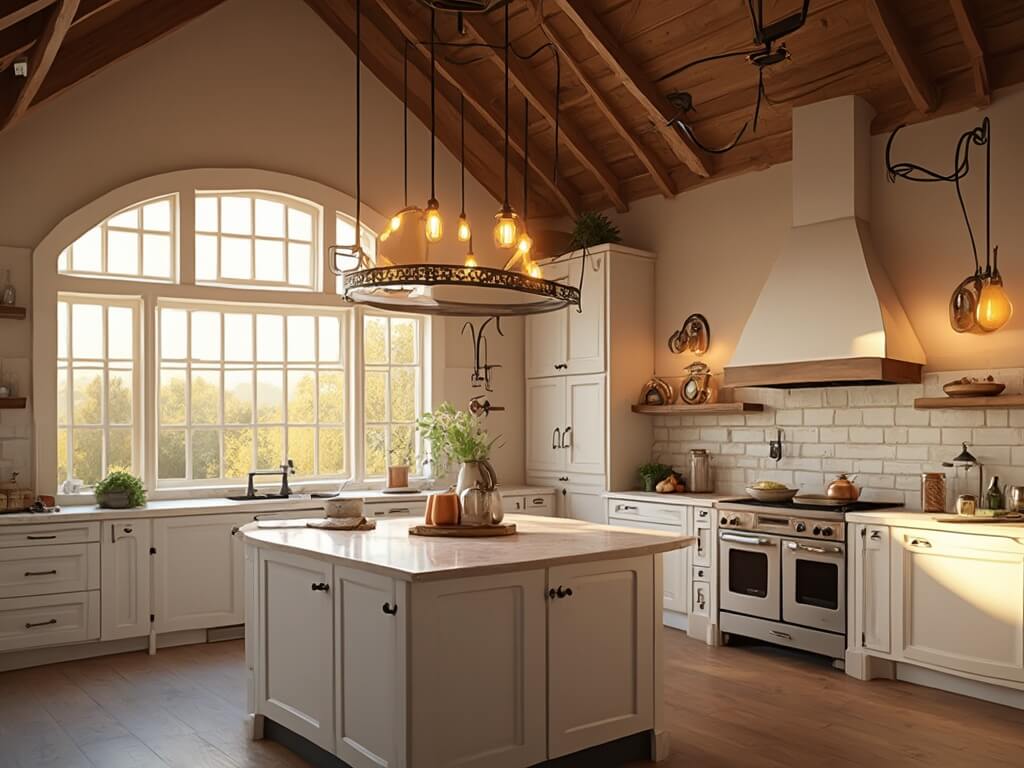 "Spacious farmhouse kitchen with cathedral ceiling, wrought-iron chandelier, and pendant lights during golden hour"