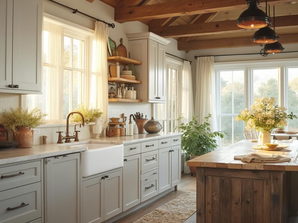 "Sun-soaked farmhouse kitchen with white and gray cabinets, vintage sink, and farmhouse decor"