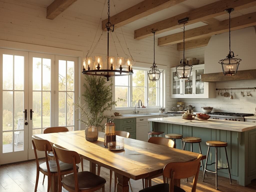 "Rustic elegance farmhouse kitchen and dining space with dramatic lighting, marble-topped island, white vaulted ceilings, exposed wooden beams, and vintage decor during golden hour"