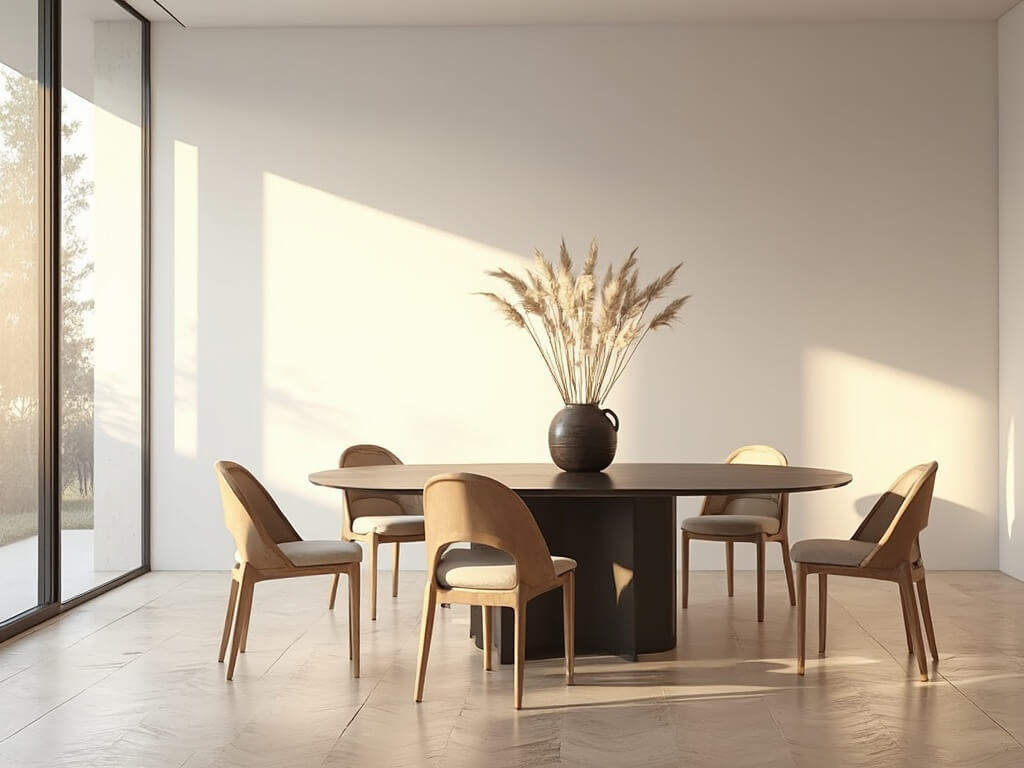 "Japandi dining room with minimalist interior, ash wood chairs, black walnut oval dining table, natural light through floor-to-ceiling windows, and pampas grass centerpiece"