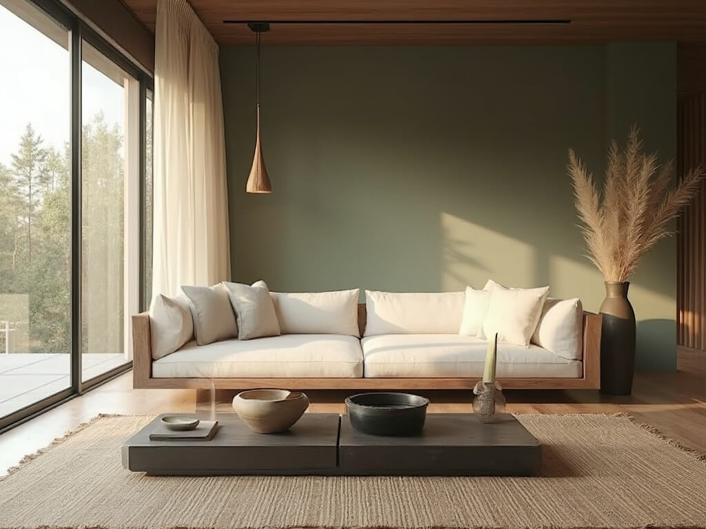 "Japandi-style living room with morning light, minimalist furnishings and sage green accent wall"