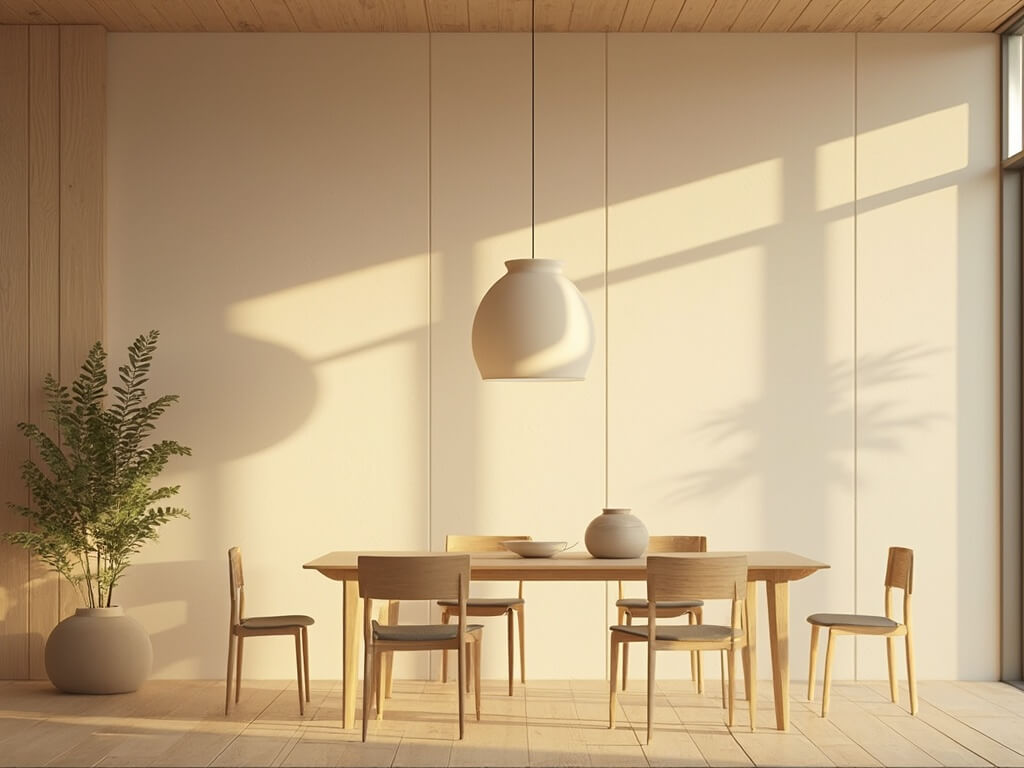 "Modern, minimalistic dining area with Japanese-Scandinavian pendant light casting soft shadows, featuring floor-to-ceiling windows during golden hour"