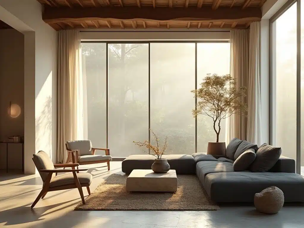 "Japandi style living room bathed in soft morning light featuring charcoal sofa, walnut armchairs, stone coffee table, and natural textures"