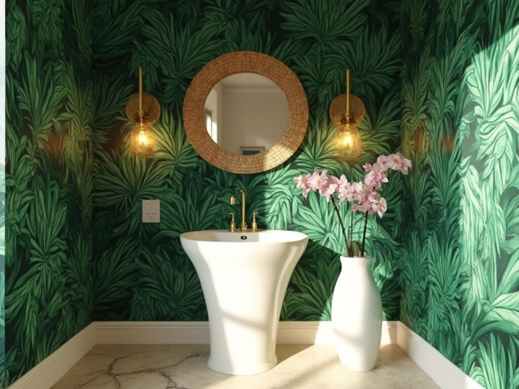 "Sophisticated small bathroom with emerald palm leaf wallpaper, white pedestal sink, brass fixtures, and natural stone flooring during golden hour"