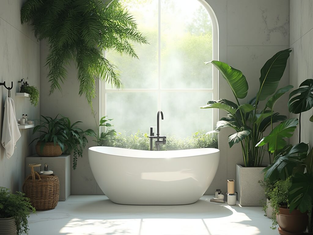 "Luxury botanical bathroom with tropical plants, freestanding tub, steam rising, and morning light filtering through a frosted window."
