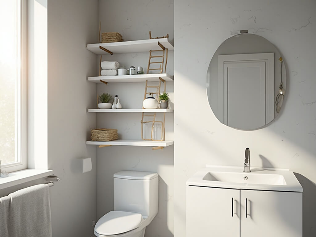 "Minimalist bathroom with floating shelves, bamboo ladder storage, and steamy atmosphere lit by morning sunlight"