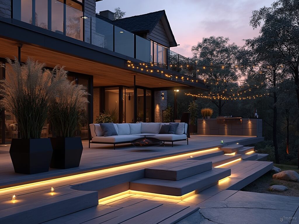 "Modern minimalist deck design with sleek gray decking, glass railings with LED lighting, outdoor kitchen, and sectional lounge area at twilight"