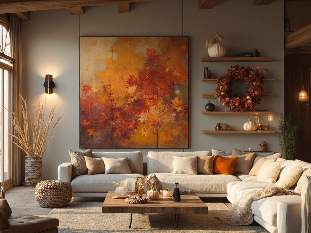 "Modern farmhouse living room with fall decor featuring abstract autumn canvas, black metal sconces, and reclaimed wood shelves with copper vessels and ceramic pumpkins"